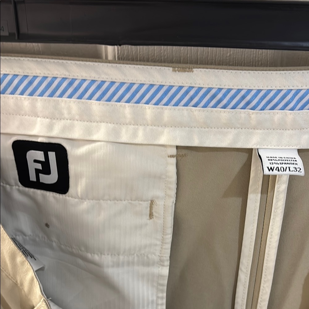 FJ Men's Tan Golf Pants with Blue Striped Waistband 40 x 32